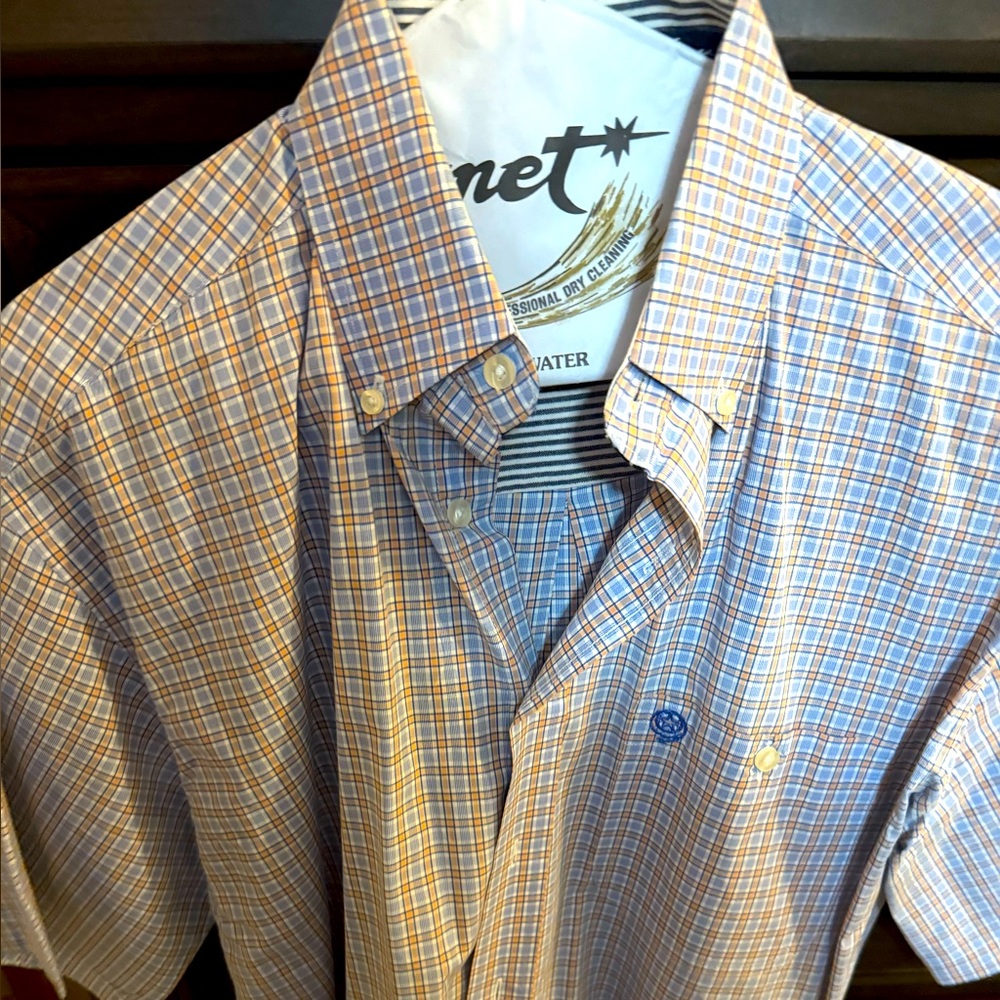 George Strait Men's Blue and Orange Plaid Shirt